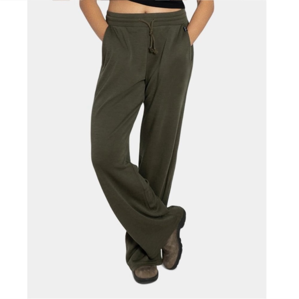Woolly Pro-Knit Wide Leg Sweatpant Size L Kale Green 100% Merino Wool Drawstring
